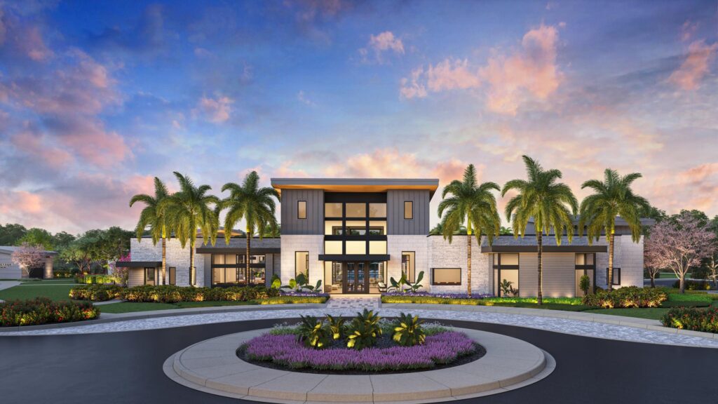 Modern luxury home with palm trees and a circular driveway.