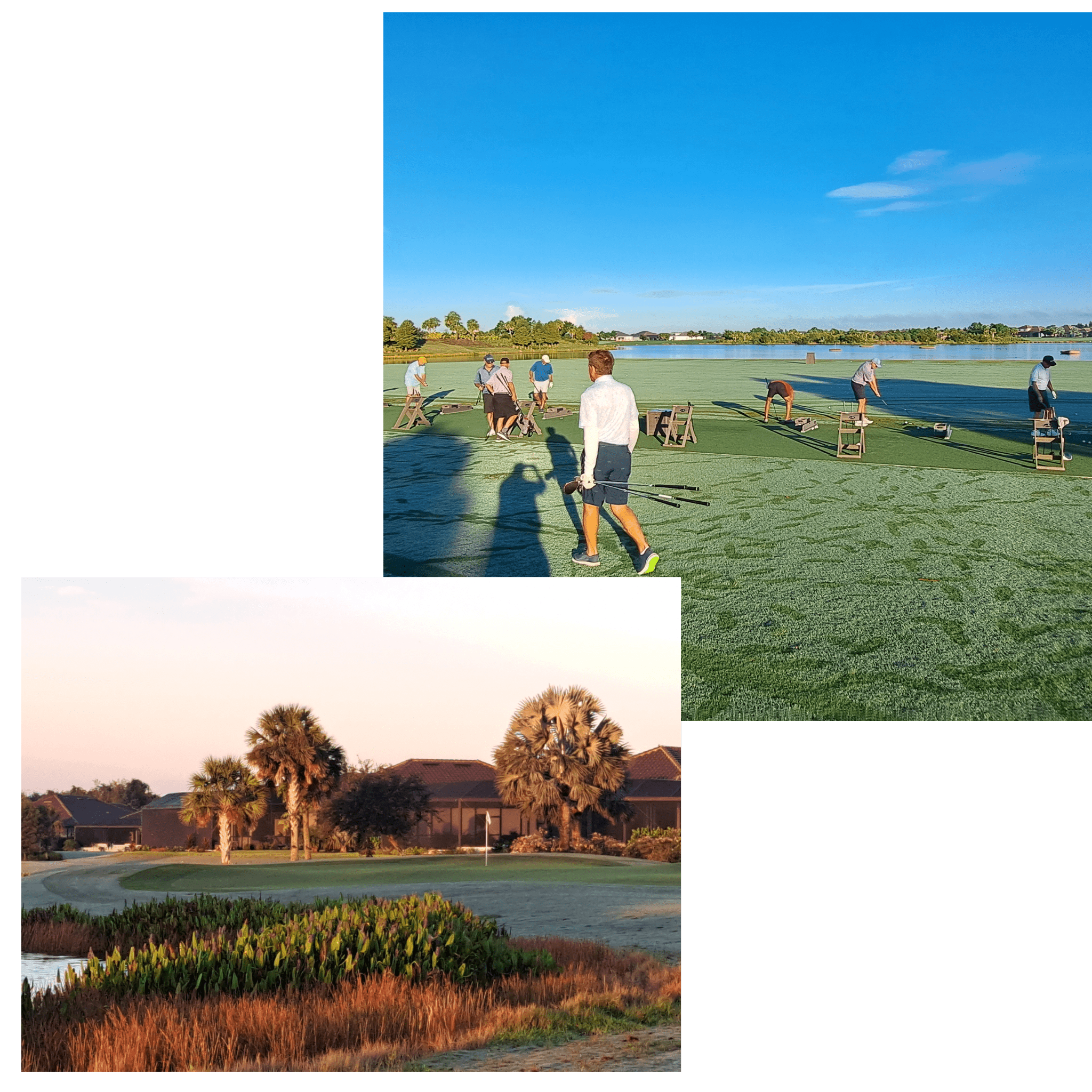 People playing golf on a sunny course near the water.