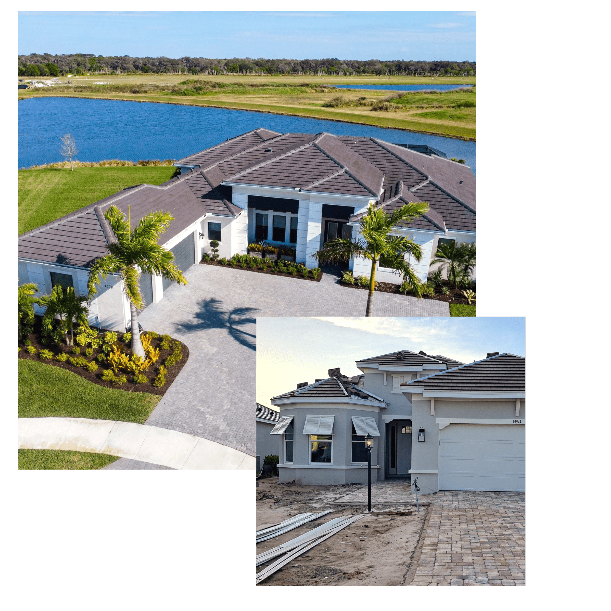 A luxury house with a pool and a newly paved driveway.